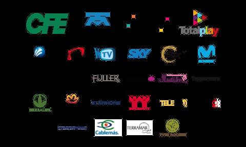 Collection of Mexican television and media company logos on black background including CFE, Televisa, Sky, and TotalPlay