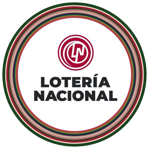 Lotería Nacional logo with circular emblem featuring maroon circular symbol and bold text on white background