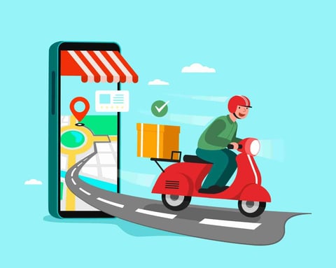 Delivery man riding red scooter with package, emerging from smartphone with online store storefront on light blue background